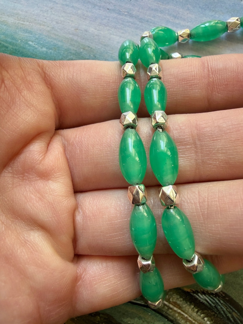 Vtg Sterling Silver Green Art Glass Bead Necklace 15" - Picture 9 of 10